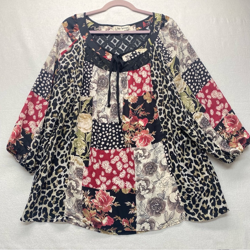 Hope Springs Women's XXL Pullover Blouse Patchwork Animal & Floral Prints Boho